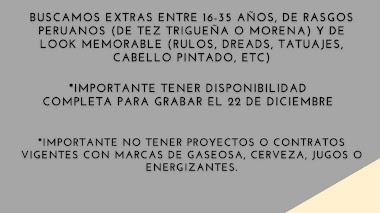 CASTING en PERÚ: Se buscan EXTRAS entre 16 - 35 años de rasgos peruanos para importante comercial 