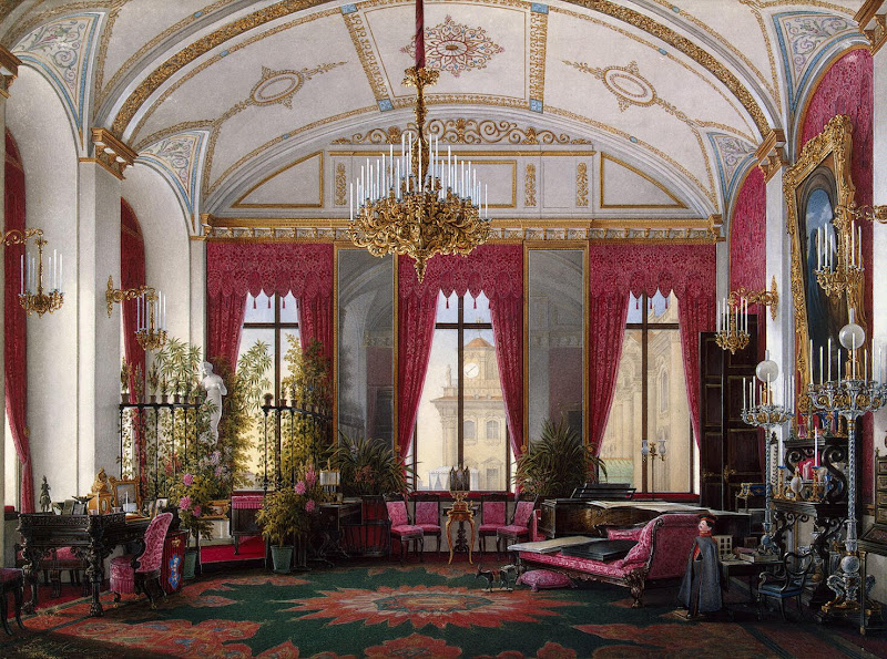 Interiors of the Winter Palace. The Raspberry Study of Empress Maria Alexandrovna by Edward Petrovich Hau - Interiors, Architecture, Hermitage