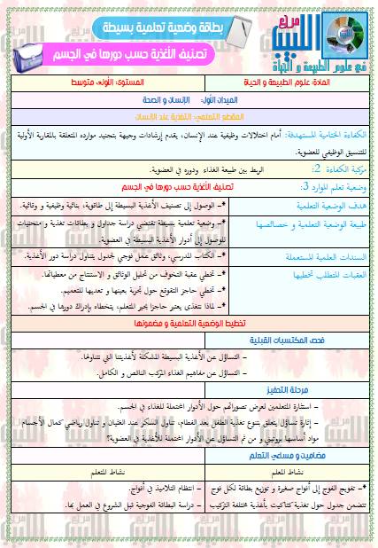 تحميل وضعية دور الأغذية في الجسم و بطاقتها للعمل الفوجي للاستاذ حمو الهواري السنة اولى