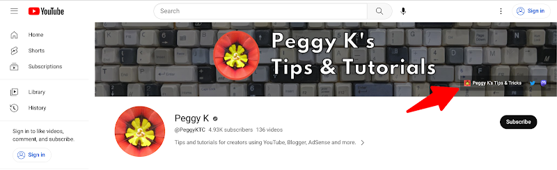 Screenshot of PeggyKTC YouTube Channel Banner in April 2023