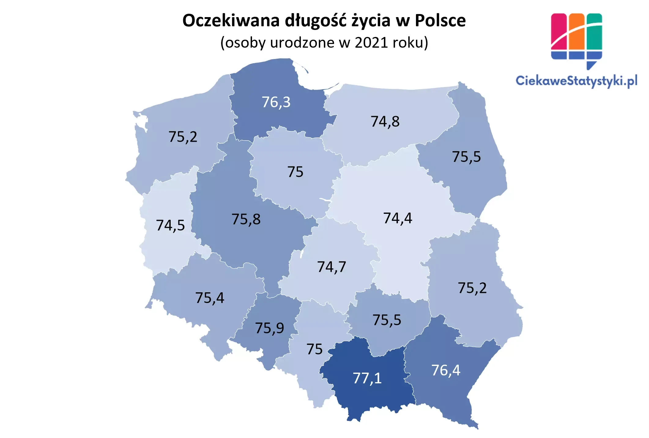 Mapa przedstawia oczekiwaną długość życia w Polsce w podziale na wójewództwa