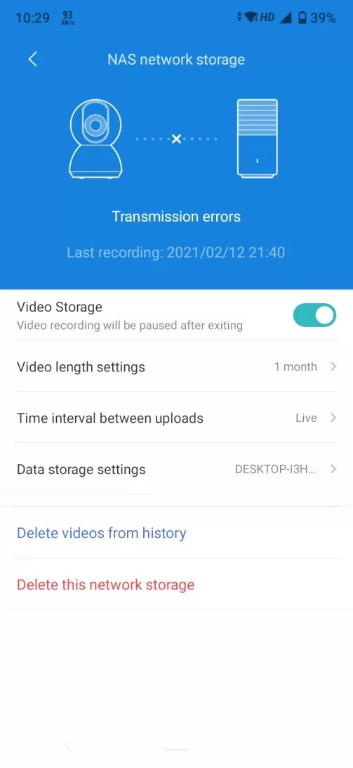 transmission error for nas mi camera