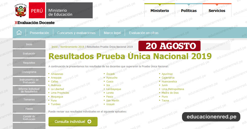 MINEDU: Resultados Finales Individuales Prueba Única Nacional y Relación de Postulantes Habilitados para Etapa Descentralizada Nombramiento Docente 2019 [Aptos II Etapa] www.minedu.gob.pe