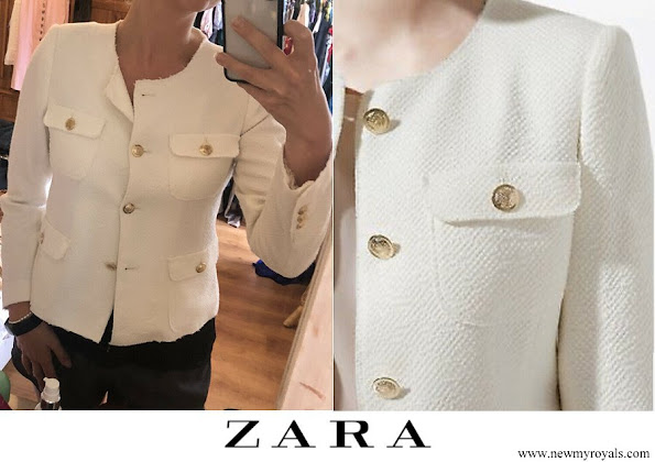 Princess marie wore Zara ivory summer tweed blazer with gold-buttons