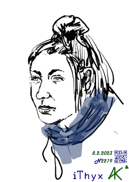Набросок портрет влюбленной тёмноволосой девушки, с синим шарфиком, которая заигрывает со своим мужчиной. 11 Минут. Автор рисунка: художник Андрей Бондаренко #iThyx