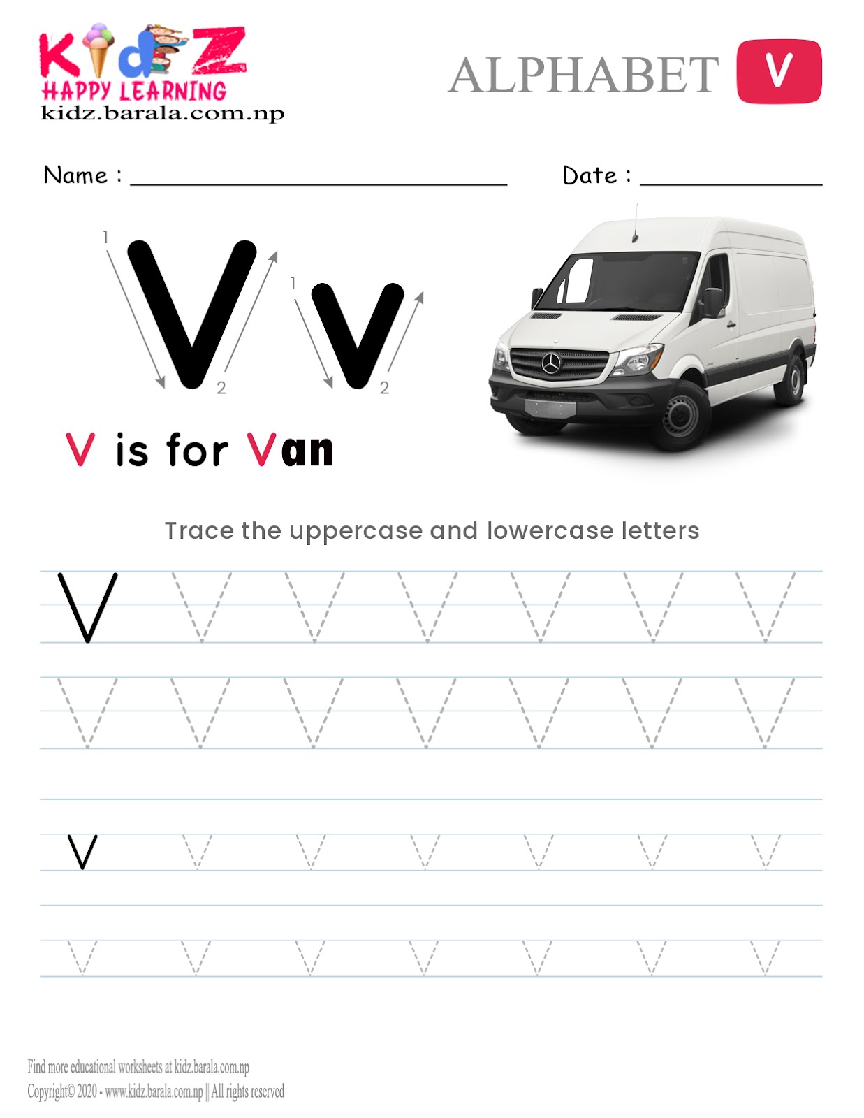 Alphabet V tracing worksheet free download .pdf