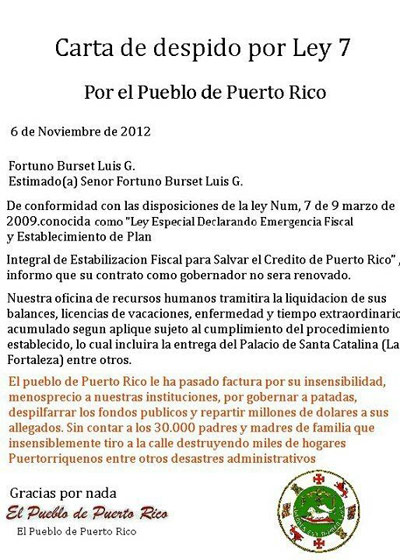 Sin mordazas: Carta de despido por Ley 7 a Luis Fortuño