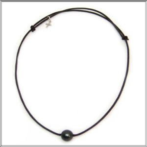 Tahitian pearl on black leather men's rex necklace