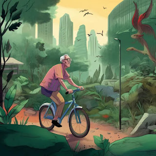 an animated picture of a senior cyclist riding in a jungle