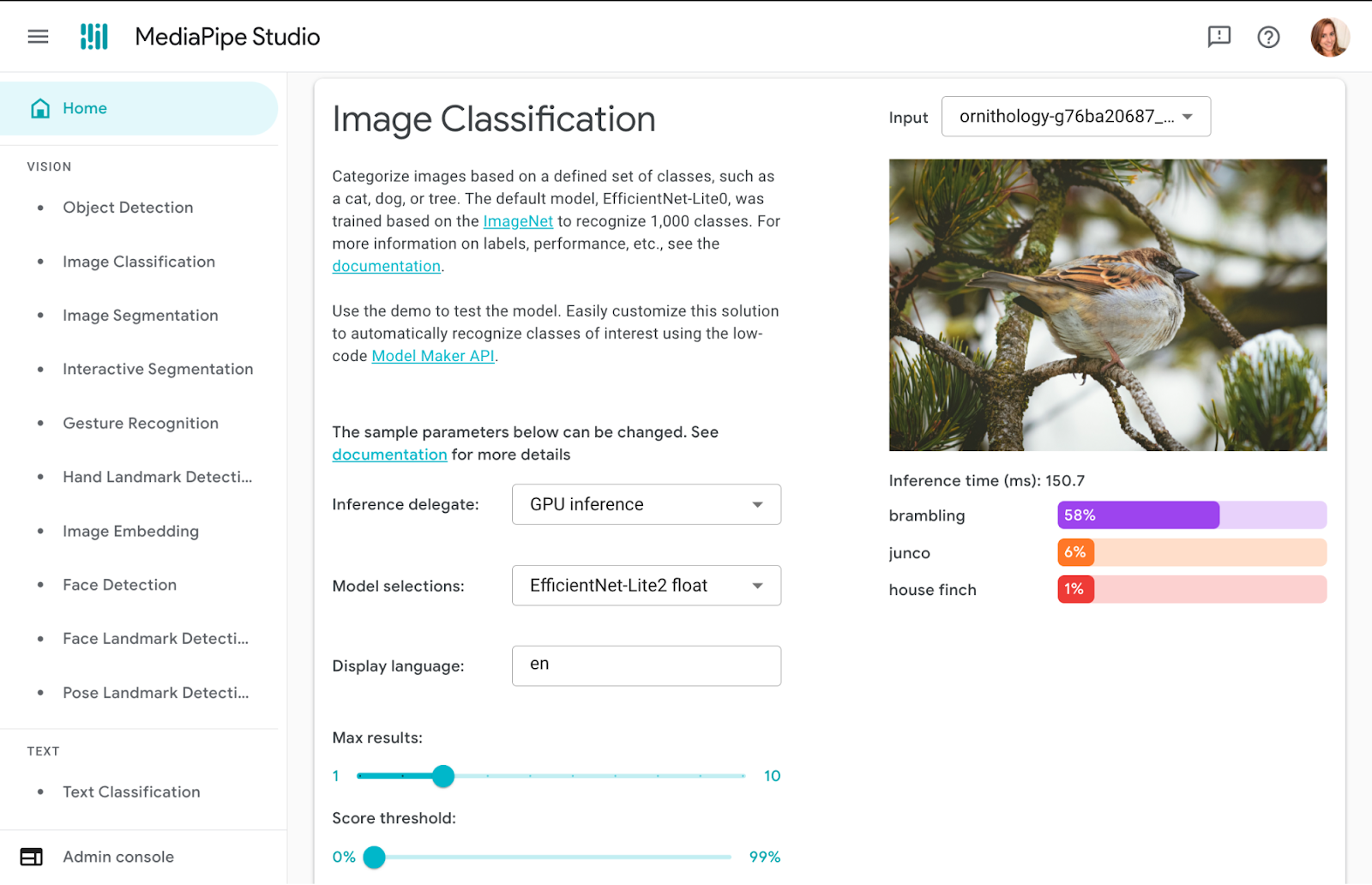 Screenshot of Image Classification page in MediaPipe Studio