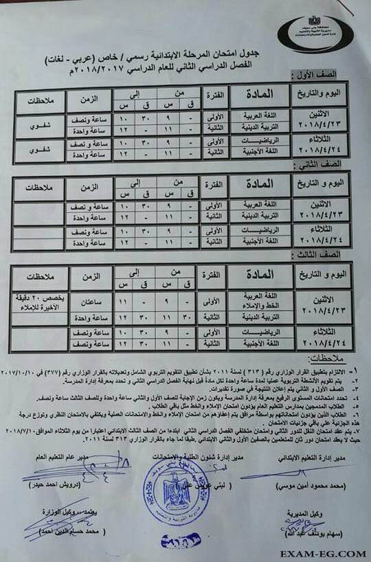 جدول امتحانات الصف الأول والثاني والثالث الابتدائي 2018 الترم الثاني محافظة القاهرة