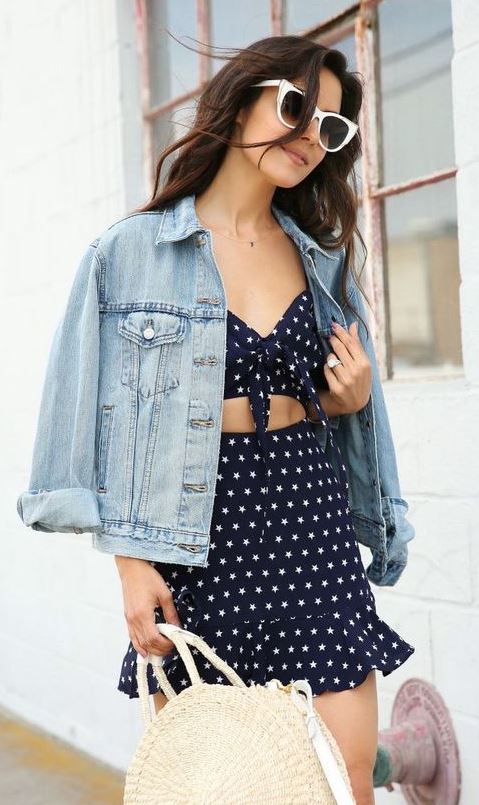 how to wear a denim jacket : printed dress and bag