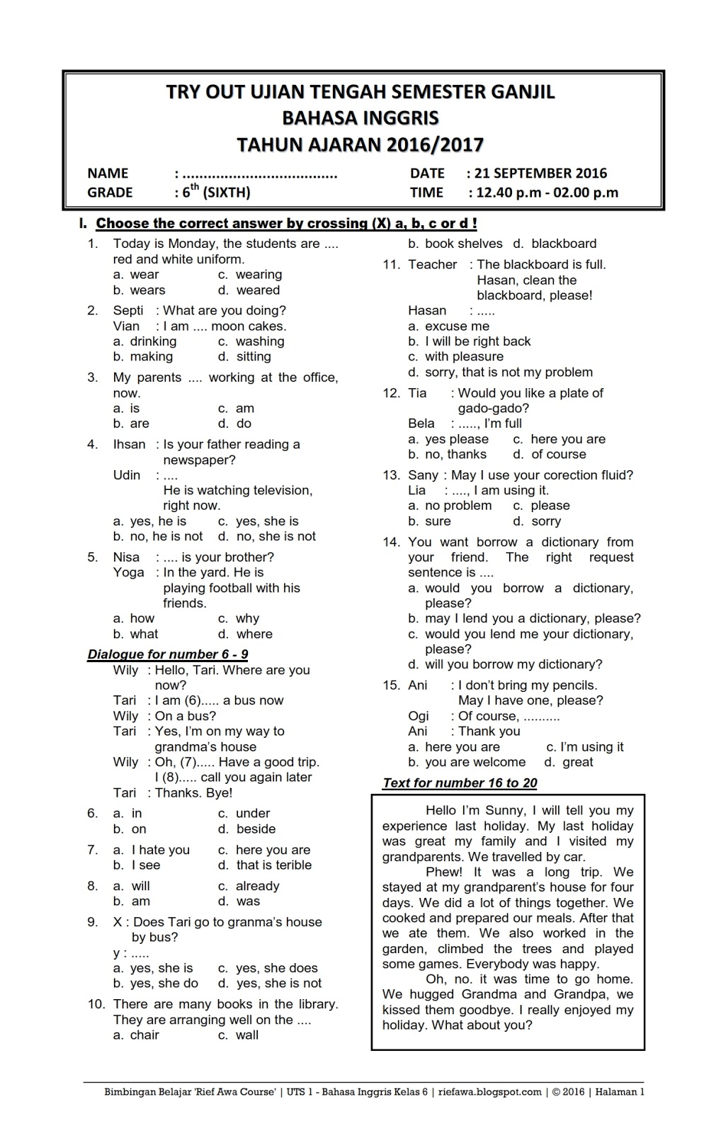 Soal Uas Bahasa Inggris Kelas 8  Semester 1 Kurikulum 2013 