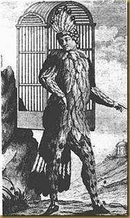 Emanuel Schikaneder, librettist of Die Zauberflöte, shown performing in the role of Papageno. The object on his back is a birdcage