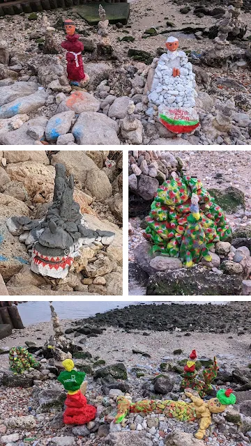 Collage of art made from beach stones in Lisbon in March