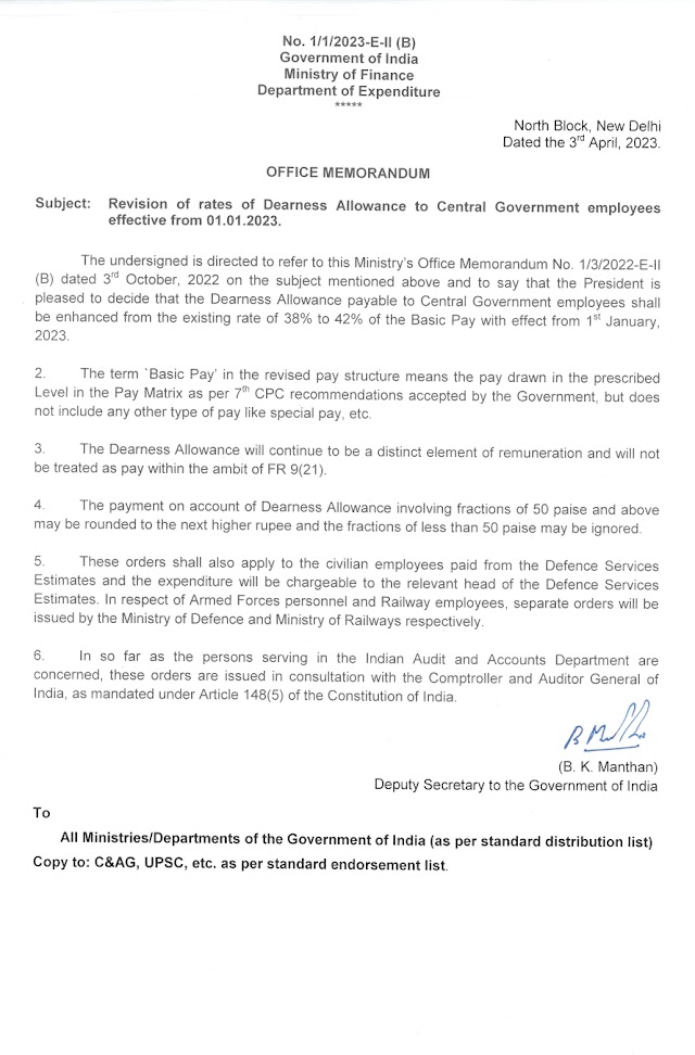 Revision of rates of Dearness Allowance to Central Government employees effective from 01.01.2023
