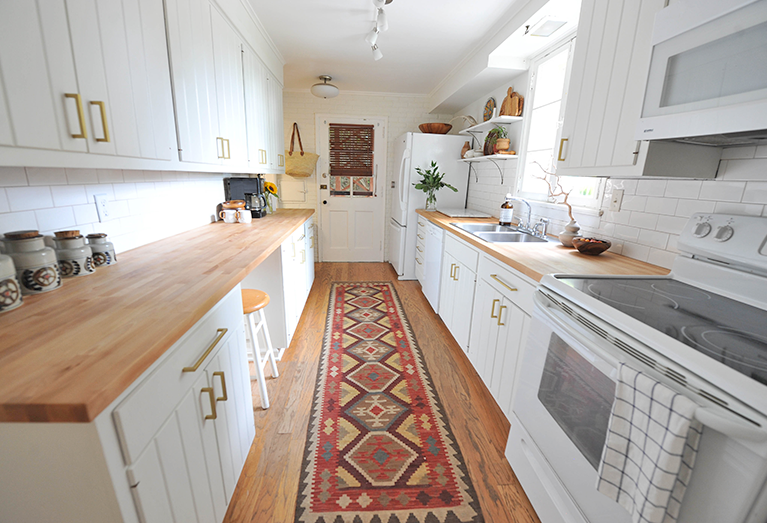 DIY Modern White Eclectic Kitchen DIY Renovation Before and After kilim rug