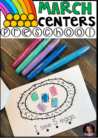 Are you looking for fun and simple thematic centers that you can prep quickly for your preschool classroom?  Preschool March Centers was created for children ages 4-6 and mature 3 year-olds (looking for a challenge).  