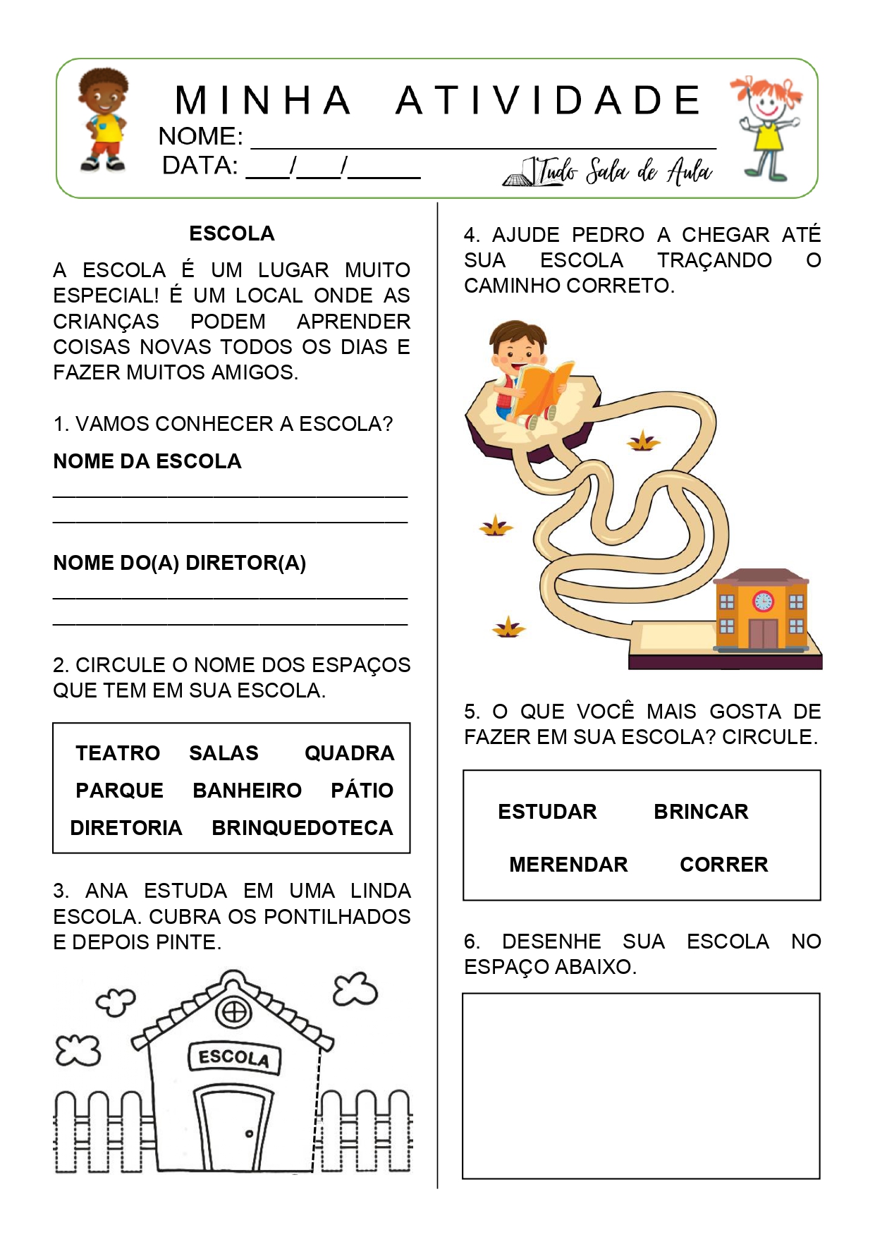 Atividade sobre a Escola – 1º Ano – Com texto