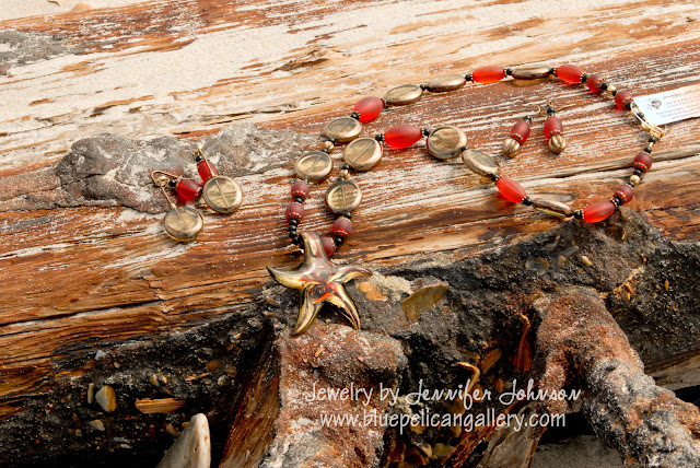 Poppy Red Gold and Black Lampwork Starfish Glass Bead Set Jewelry Inspiration by Jennifer Johnson, Blue Pelican Gallery, Cape Hatteras, NC