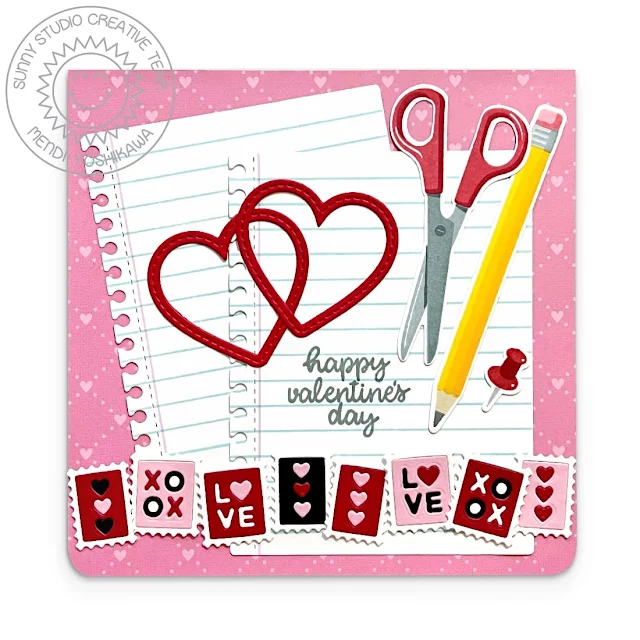 Sunny Studio Blog: Notebook Paper, Pencil & Postage Stamps Heart Valentine's Day Card using Gift Card Envelopes Cutting Dies