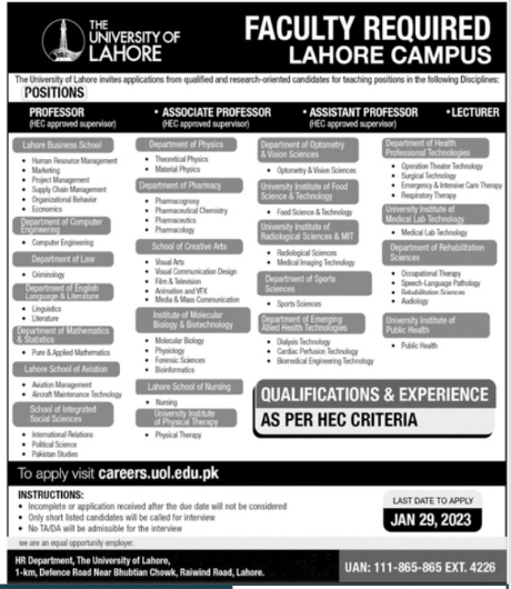 University of Lahore Jobs 2023 - UOL Jobs 2023