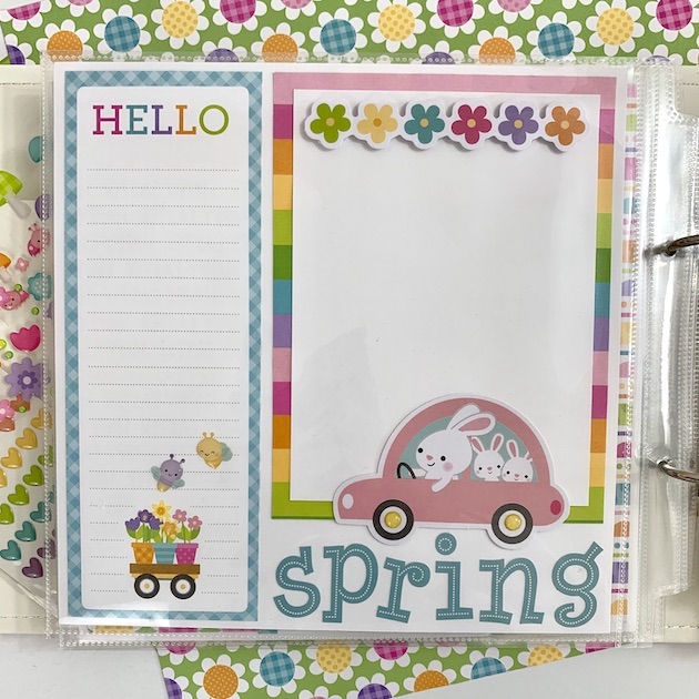 8x8 Spring scrapbook pages with a cute Easter Bunny driving a pink car, flowers, and a journaling card