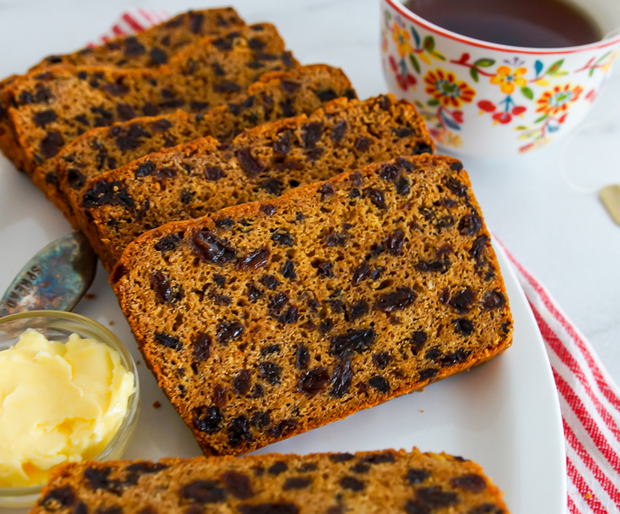 Bara Brith - Speckled Bread from Wales, sliced with cup of tea