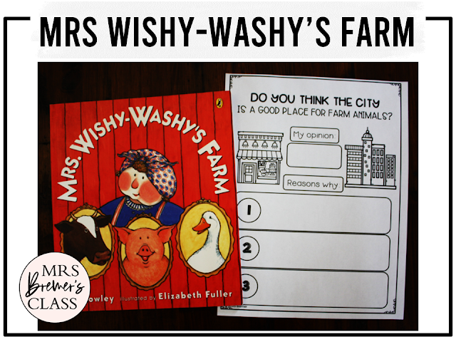 Mrs Wishy Washy's Farm book activities unit with literacy printables, reading companion activities, lesson ideas and comprehension worksheets for Kindergarten and First Grade