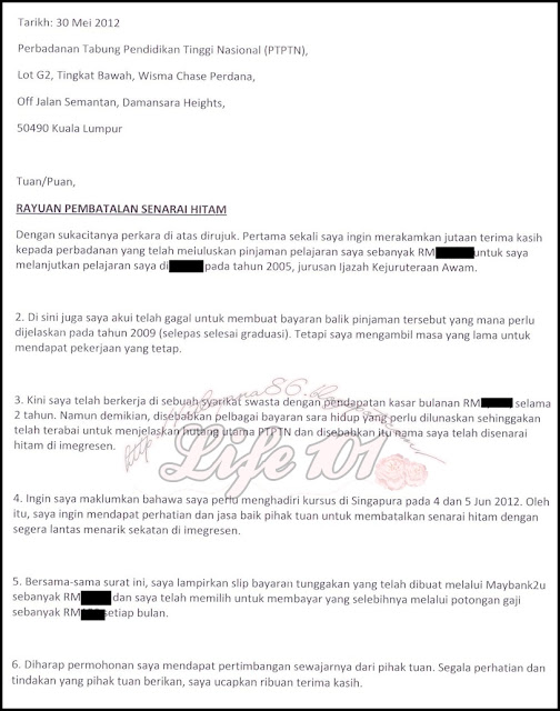 Surat Rayuan Penarikan Senarai Hitam PTPTN  Life 101