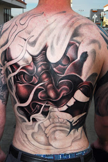 Japanese traditional mask tattoo design on full back body