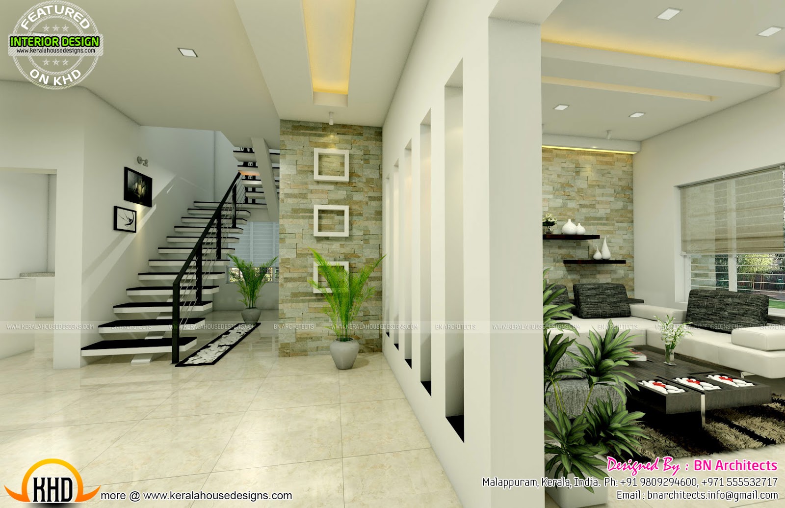 All in one : House elevation, floor plan and interiors - Kerala home