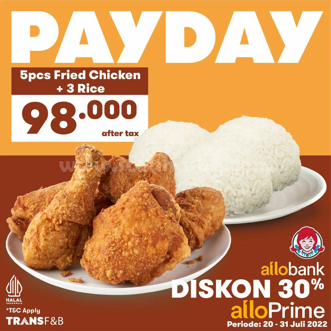 Promo WENDY'S PAYDAY – Harga Spesial 5 pcs Fried Chicken + 3 Rice Rp. 98.000,-