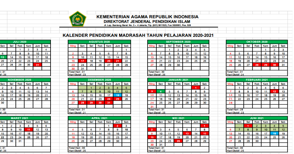  Kalender  Pendidikan  2021 2021  Madrasah Jawa  Timur  Excel  