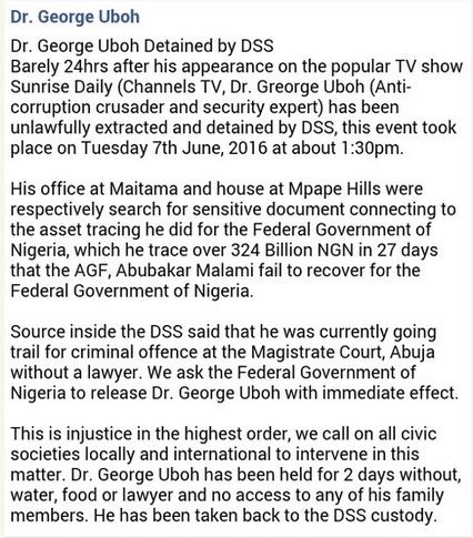 Dr. George Uboh Allegedly Detained by DSS 24 Hours after Appearing on Channels TV