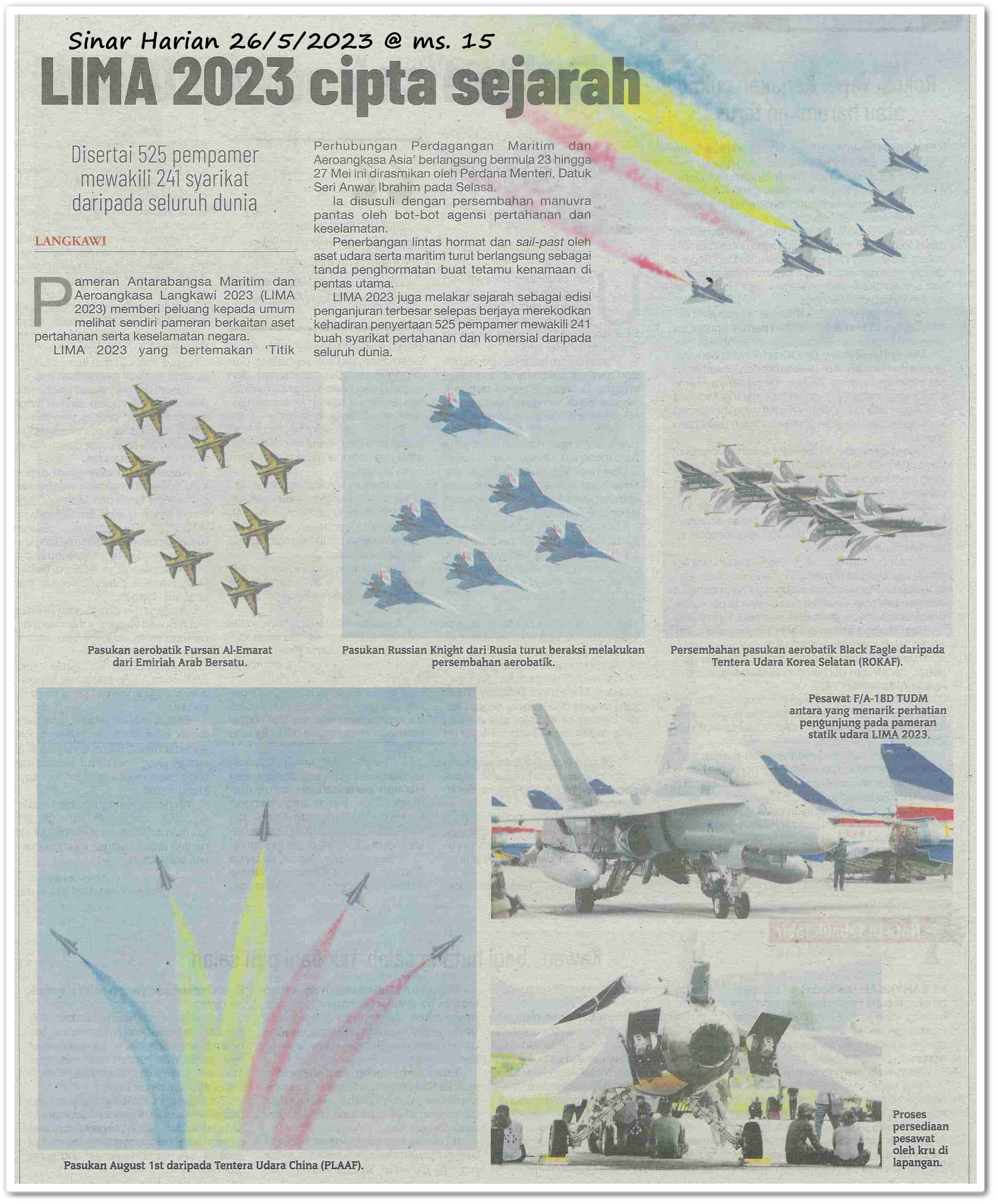 LIMA 2023 cipta sejarah - Keratan akhbar Sinar Harian 26 Mei 2023