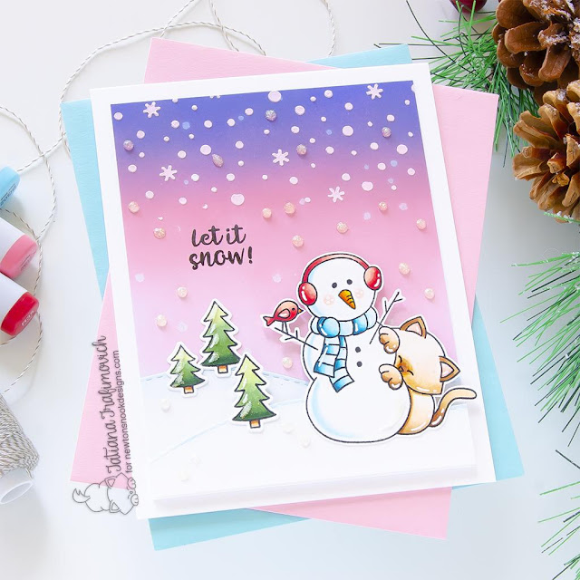 Let it Snow Card by Tatiana Trafimovich | Newton's Curious Christmas Stamp Set, Snow Globe Scenes Stamp Set, Petite Snow Stencil and Land Borders Die Set by Newton's Nook Designs #newtonsnook #handmade