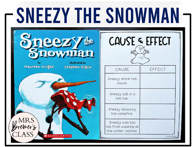 Sneezy the Snowman book activities unit with literacy printables, reading companion activities, lesson ideas, and a craft for winter in Kindergarten and First Grade