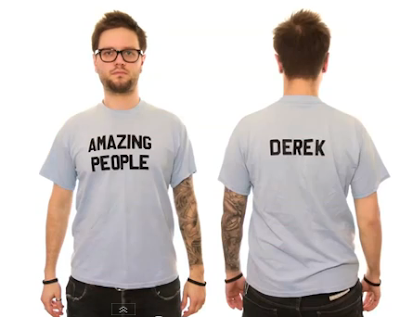 Derek Brooks modeling one of his many T-shirts