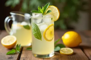 Refreshing Ginger-Lemon Tonic in a glass, garnished with lemon slices and mint, served on a rustic table."
