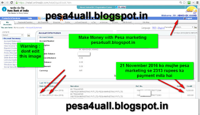 21 November 2016 ko mujhe pesa marketing se 2313 rupees ka payment mila hai-see screenshot