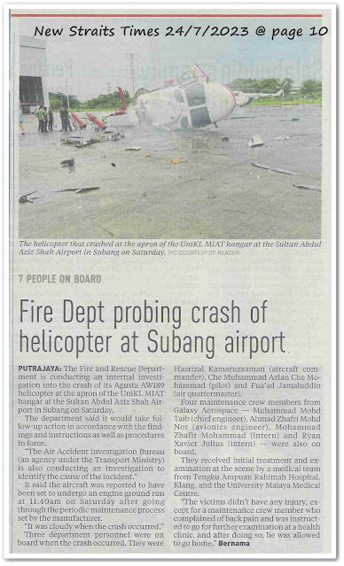 Fire Dept probing crash of helicopter at Subang airport - Keratan akhbar New Straits Times 24 July 2023