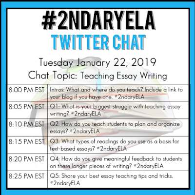 Join secondary English Language Arts teachers Tuesday evenings at 8 pm EST on Twitter. This week's chat will be about teaching essay writing.