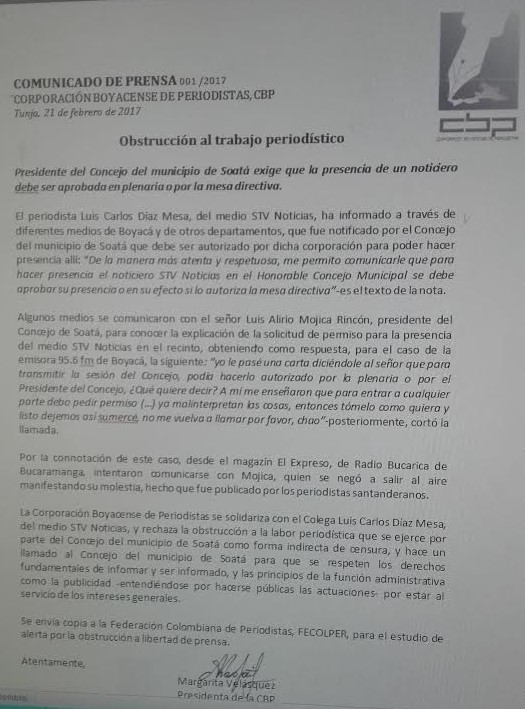 Corporación Boyacense de Periodistas, CPB se pronuncia por posible censura a medios de comunicación en Concejo municipal de Soatá