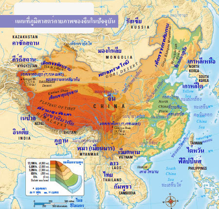 แผนที่ภูมิศาสตร์ทางกายภาพของจีนในปัจจุบัน