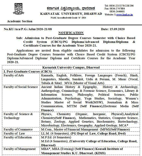 Karnatak University MSc Admissions 2020-21