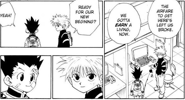 Hunter x Hunter shonen young boys main characters Gon and Killua searching for money new beginning at Heavens arena