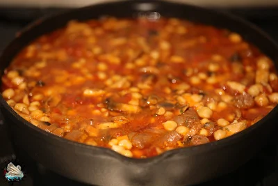 Poêlée pois chiches merguez aux champignons