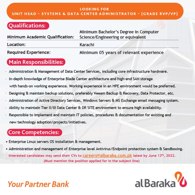 Al Baraka Bank (Pakistan) Limited Jobs for Unit Head - System & Data Center Administration