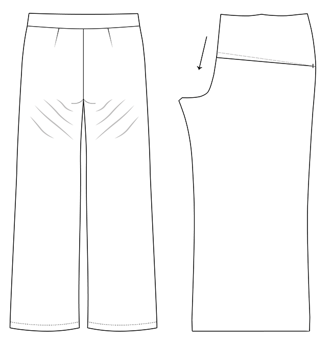 Line drawing showing drag lines under the bum on the back of a pair of trousers. Next to this is a diagram showing how Next to this is a diagram showing how to do a flat seat adjustment.